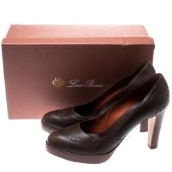 Pre Owned Loro Piana Brown Brogue Leather Platform Pumps Size 38.5