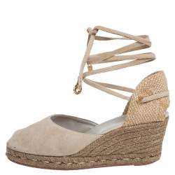 Pre Owned Loro Piana Beige Suede And Jute Wedge Ankle Wrap Espadrilles Size 36