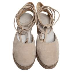 Pre Owned Loro Piana Beige Suede And Jute Wedge Ankle Wrap Espadrilles Size 36