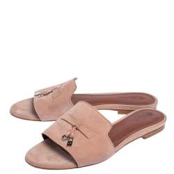 Loro Piana Beige Suede Charms Slide Sandals Size 38.5