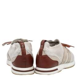 Pre Owned Loro Piana White/Brown Suede And Knit Fabric Lady Flexy Walk Sneakers Size 41