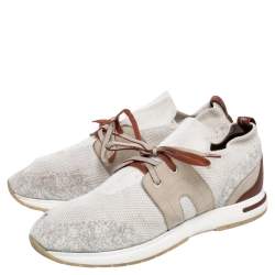 Pre Owned Loro Piana White/Brown Suede And Knit Fabric Lady Flexy Walk Sneakers Size 41