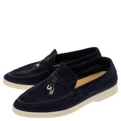 Pre Owned Loro Piana Navy Blue Suede Summer Charms Walk Slip On Loafers Size 37