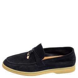 Pre Owned Loro Piana Navy Blue Suede Summer Charms Walk Loafers Size 35.5