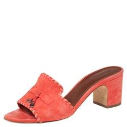 Pre Owned Loro Piana Coral Orange Suede Jovis Charm Slide Sandals Size 38.5