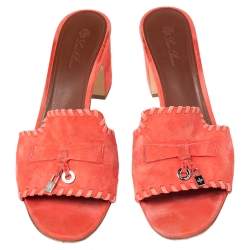 Pre Owned Loro Piana Coral Orange Suede Jovis Charm Slide Sandals Size 38.5