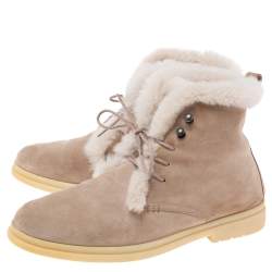 Pre Owned Loro Piana Beige Suede And Fur Open Walk Ankle Boots Size 37.5
