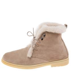 Pre Owned Loro Piana Beige Suede And Fur Open Walk Ankle Boots Size 37.5