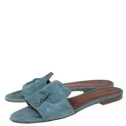 Loro Piana Blue Suede Summer Charm Flat Slides Size 40