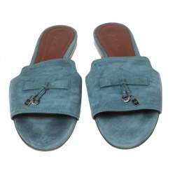 Loro Piana Blue Suede Summer Charm Flat Slides Size 40