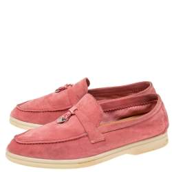 Pre Owned Loro Piana Pink Suede Summer Charms Walk Slip On Loafers Size 38