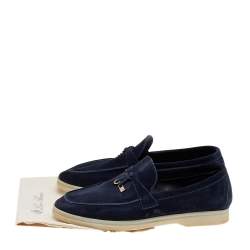 Pre Owned Loro Piana Navy Blue Suede Summer Charms Walk Slip On Loafers Size 38