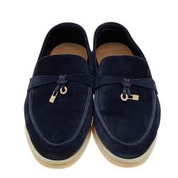 Pre Owned Loro Piana Navy Blue Suede Summer Charms Walk Slip On Loafers Size 38