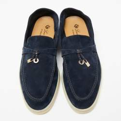 Pre Owned Loro Piana Navy Blue Suede Summer Charms Walk Slip On Loafers Size 38.5 