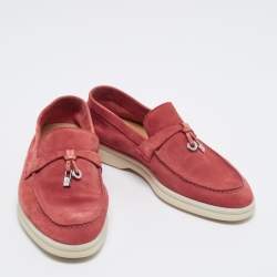 Pre Owned Loro Piana Coral Red Suede Summer Charms Walk Loafers Size 36