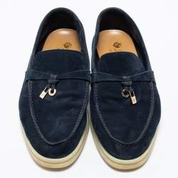 Pre Owned Loro Piana Navy Blue Suede Summer Charms Walk Loafers Size 38.5