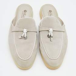 Pre Owned Loro Piana Grey Suede Babouche Charms Walk Mules Size 38.5