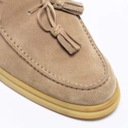 Pre Owned Loro Piana Beige Suede and Fur Fringe Bow Loafers Size 38