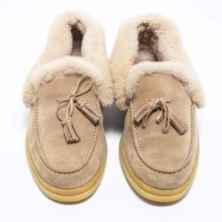 Pre Owned Loro Piana Beige Suede and Fur Fringe Bow Loafers Size 38
