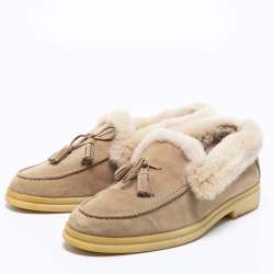 Pre Owned Loro Piana Beige Suede and Fur Fringe Bow Loafers Size 38