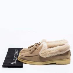 Pre Owned Loro Piana Beige Suede and Fur Fringe Bow Loafers Size 38