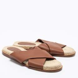 Pre Owned Loro Piana Brown Leather Crisscross Espadrille Sandals Size 38.5