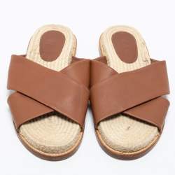 Pre Owned Loro Piana Brown Leather Crisscross Espadrille Sandals Size 38.5