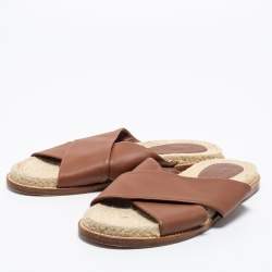 Pre Owned Loro Piana Brown Leather Crisscross Espadrille Sandals Size 38.5