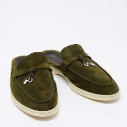 Pre Owned Loro Piana Army Green Suede Babouche Charms Walk Flat Mules Size 36