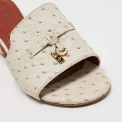 Pre Owned Loro Piana Off White Ostrich Embossed Leather Summer Charms Slide Sandals Size 40