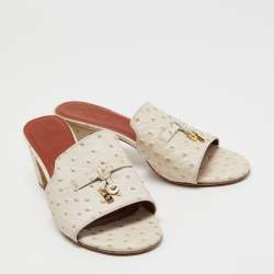 Pre Owned Loro Piana Off White Ostrich Embossed Leather Summer Charms Slide Sandals Size 40