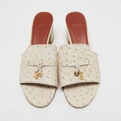 Pre Owned Loro Piana Off White Ostrich Embossed Leather Summer Charms Slide Sandals Size 40