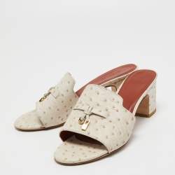 Pre Owned Loro Piana Off White Ostrich Embossed Leather Summer Charms Slide Sandals Size 40