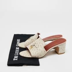 Pre Owned Loro Piana Off White Ostrich Embossed Leather Summer Charms Slide Sandals Size 40