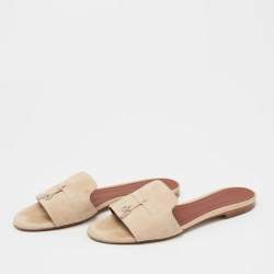 Loro Piana Beige Suede Summer Charms Flat Slides Size 39.5