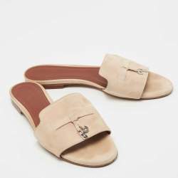 Loro Piana Beige Suede Summer Charms Flat Slides Size 39.5