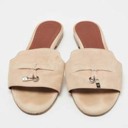 Loro Piana Beige Suede Summer Charms Flat Slides Size 39.5