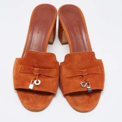 Pre Owned Loro Piana Orange Suede Summer Charms Slide Sandals Size 38