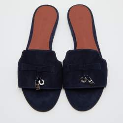 Pre Owned Loro Piana Navy Blue Suede Summer Charms Flat Slides Size 37