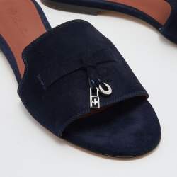 Pre Owned Loro Piana Navy Blue Suede Summer Charms Flat Slides Size 37