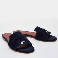 Pre Owned Loro Piana Navy Blue Suede Summer Charms Flat Slides Size 37