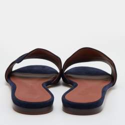 Pre Owned Loro Piana Navy Blue Suede Summer Charms Flat Slides Size 37