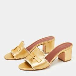 Pre Owned Loro Piana Gold Leather Summer Charms Slide Sandals Size 37.5