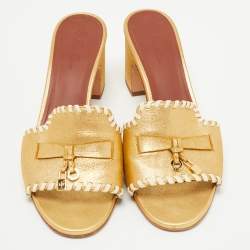 Pre Owned Loro Piana Gold Leather Summer Charms Slide Sandals Size 37.5