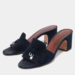 Pre Owned Loro Piana Navy Blue Suede Summer Charms Slide Sandals Size 38.5