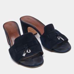 Pre Owned Loro Piana Navy Blue Suede Summer Charms Slide Sandals Size 38.5