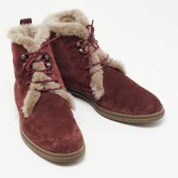 Pre Owned Loro Piana Burgundy Suede and Fur Open Walk Ankle Boots Size 38