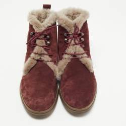 Pre Owned Loro Piana Burgundy Suede and Fur Open Walk Ankle Boots Size 38