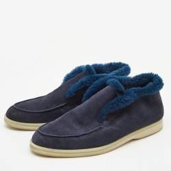 Pre Owned Loro Piana Navy Blue Suede and Fur Trim Open Walk Chukka Boots Size 38