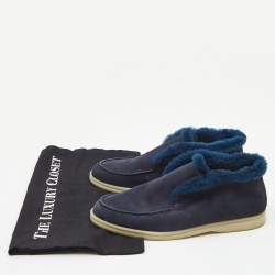 Pre Owned Loro Piana Navy Blue Suede and Fur Trim Open Walk Chukka Boots Size 38